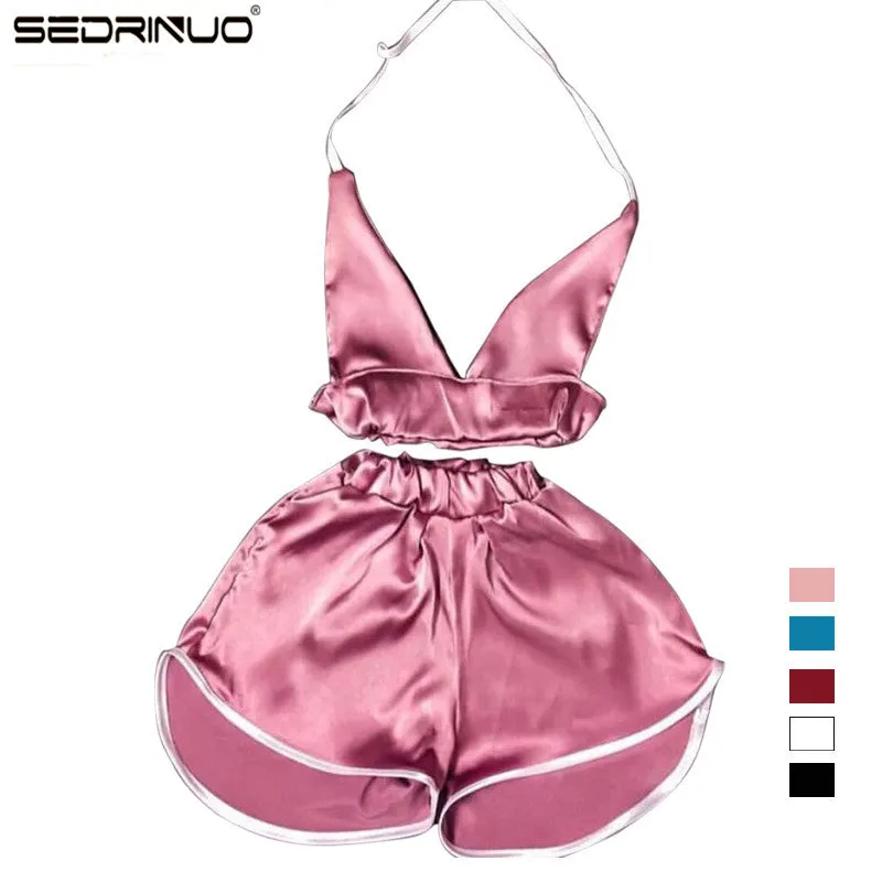 2016 Summer New Brand Women Sexy Deep V Bra Tops and Boxer Pants Sets Women Night Club party Satin Tracksuits Two Pieces Sets