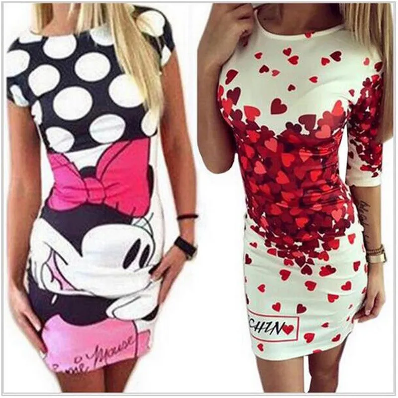 2017 New Summer Dresses Fashion Women Clothing Robe Sexy Cartoon Bodycon Miki Print ONeck Mini Casual Sheath Dresses Vestidos