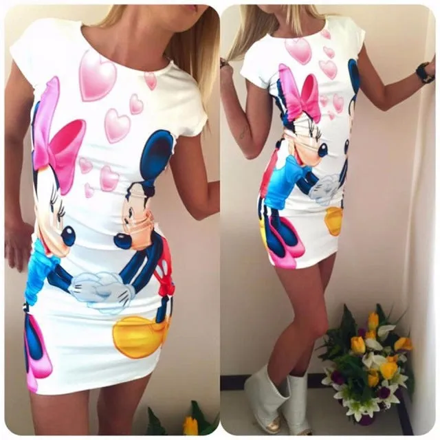 2017 New Summer Dresses Fashion Women Clothing Robe Sexy Cartoon Bodycon Miki Print ONeck Mini Casual Sheath Dresses Vestidos