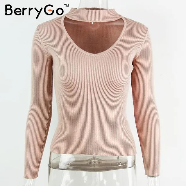 BerryGo Autumn winter black halter knitted sweater White sexy pullover women tops Slim v neck long sleeve chic jumper pull femme