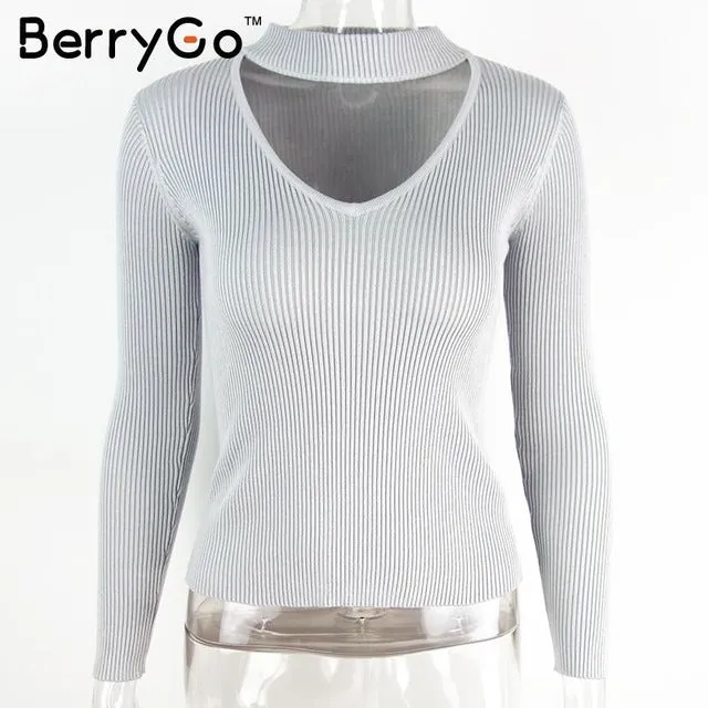 BerryGo Autumn winter black halter knitted sweater White sexy pullover women tops Slim v neck long sleeve chic jumper pull femme