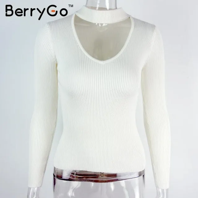 BerryGo Autumn winter black halter knitted sweater White sexy pullover women tops Slim v neck long sleeve chic jumper pull femme