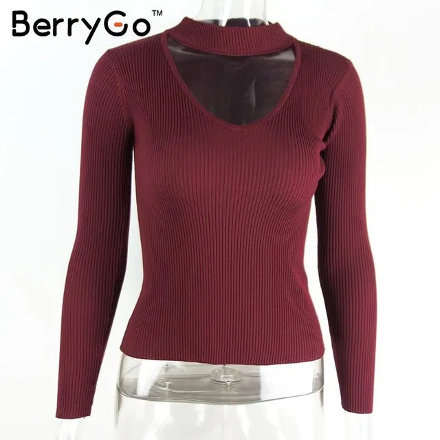 BerryGo Autumn winter black halter knitted sweater White sexy pullover women tops Slim v neck long sleeve chic jumper pull femme