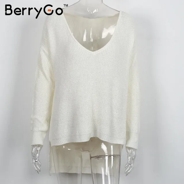 BerryGo Sexy off shoulder split knitted sweater Women brand black pullovers knitwear Autumn winter 2016 white jumper pull femme