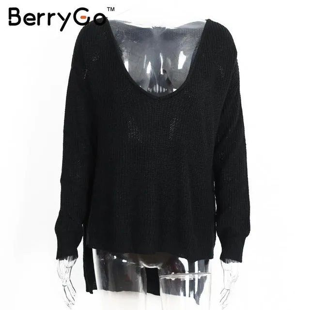 BerryGo Sexy off shoulder split knitted sweater Women brand black pullovers knitwear Autumn winter 2016 white jumper pull femme