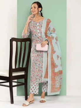 Blue Floral Embroidered Cotton Kurta Dupatta Set