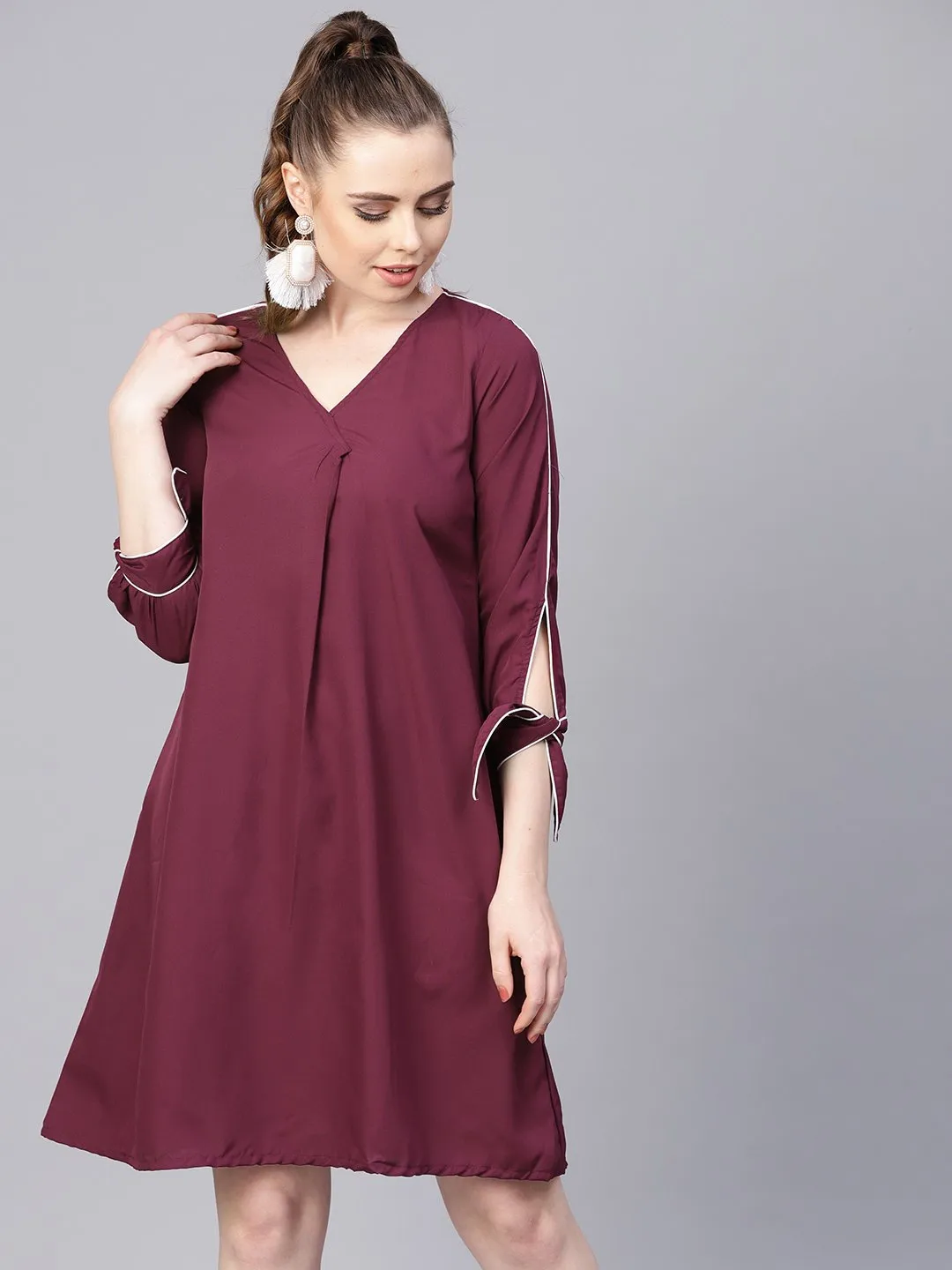 Burgundy A-Line Dress With Knot Style Sleeves