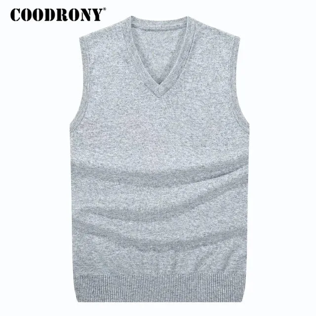 COODRONY Autumn Winter Cashmere Classic Vest Sweater Men Sleeveless Sweaters Solid Color V-Neck Wool Pullovers Men Jersey Hombre