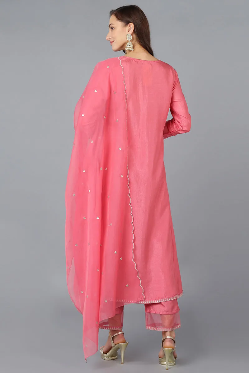 Coral Silk Blend Solid A-Line Kurta Trousers With Dupatta