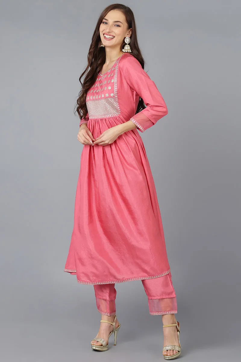 Coral Silk Blend Solid A-Line Kurta Trousers With Dupatta