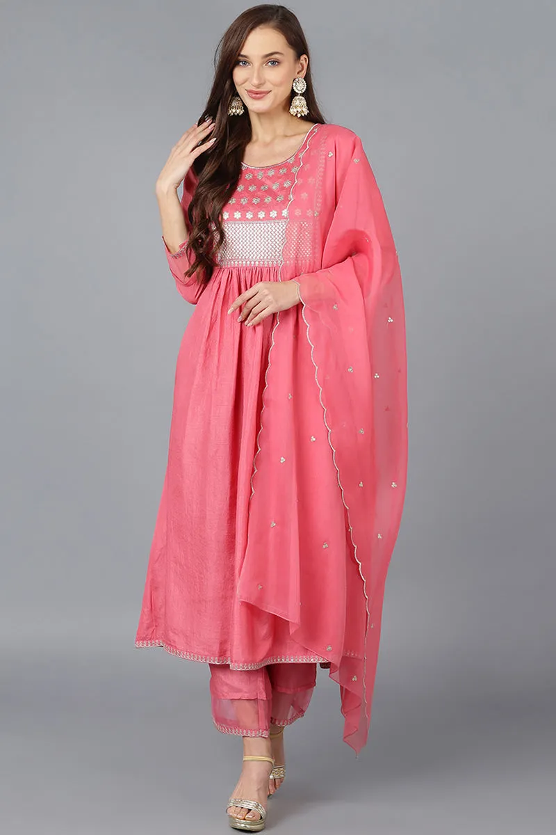 Coral Silk Blend Solid A-Line Kurta Trousers With Dupatta