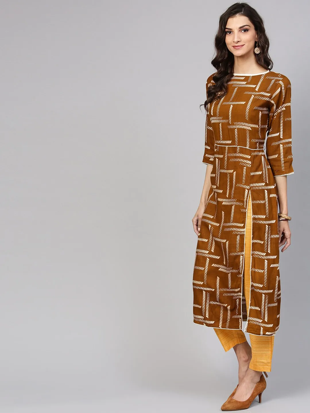 Dark Brown Printed Kurta Set With Contrasting Yellow Pants