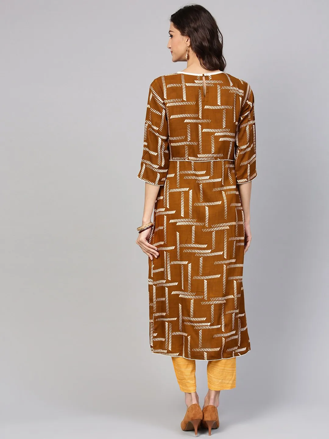 Dark Brown Printed Kurta Set With Contrasting Yellow Pants