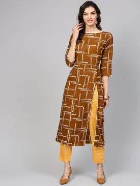 Dark Brown Printed Kurta Set With Contrasting Yellow Pants