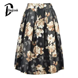 DayLook Summer Chic Vintage Black Floral Fashion Skirts Womens Pleated Tutu Skater Skirt Elegant High Waist Midi Ball Gown