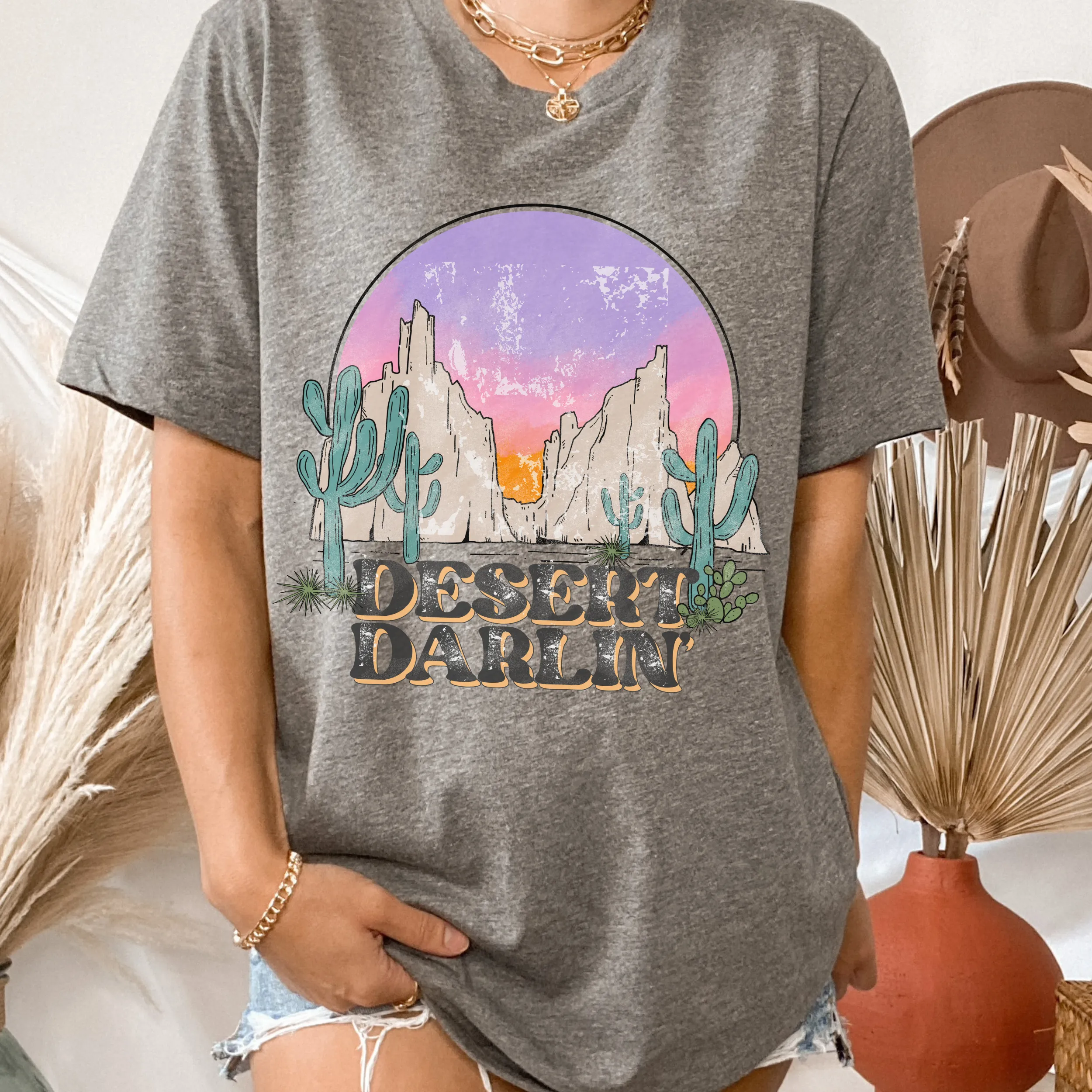 Desert Darlin' Bella Canvas® Unisex Jersey Short Sleeve Tee in Natural, White, Dark Heather or Heather Olive Desert Cactus T-Shirt