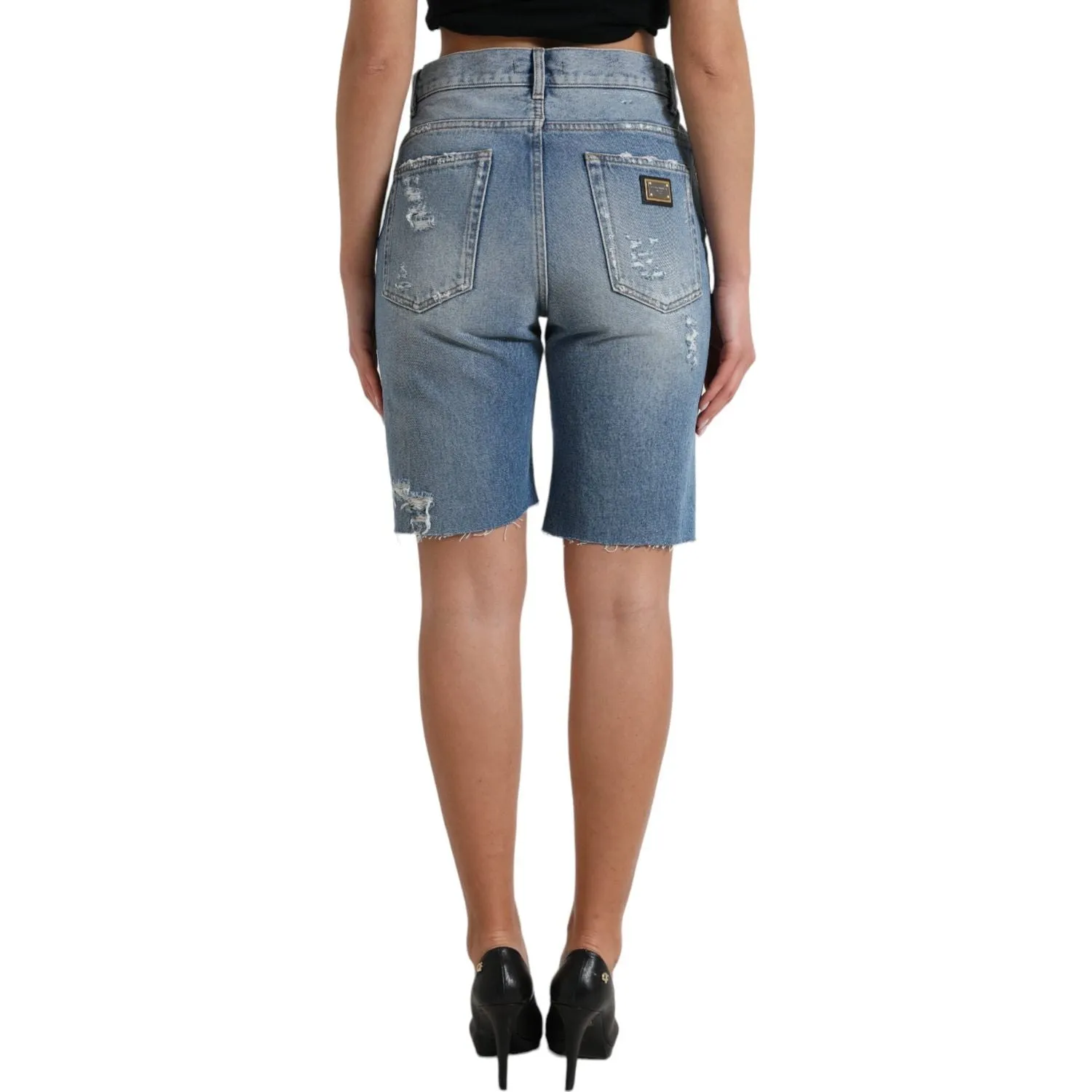 Dolce & Gabbana High Waist Embellished Bermuda Denim Shorts