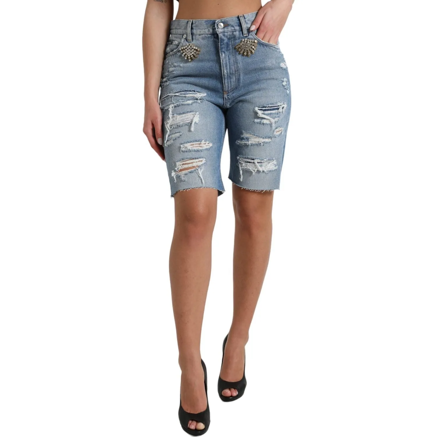 Dolce & Gabbana High Waist Embellished Bermuda Denim Shorts