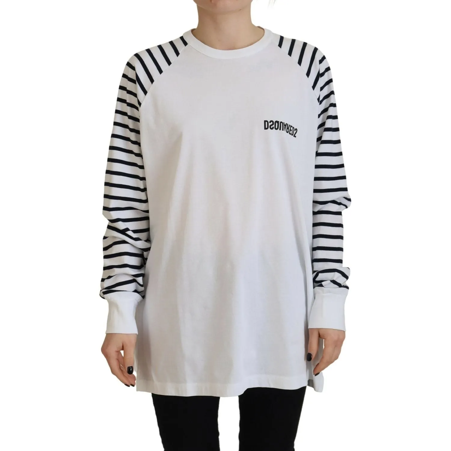 Dsquared² White Cotton Striped Crew Neck Short Sleeve Sweater