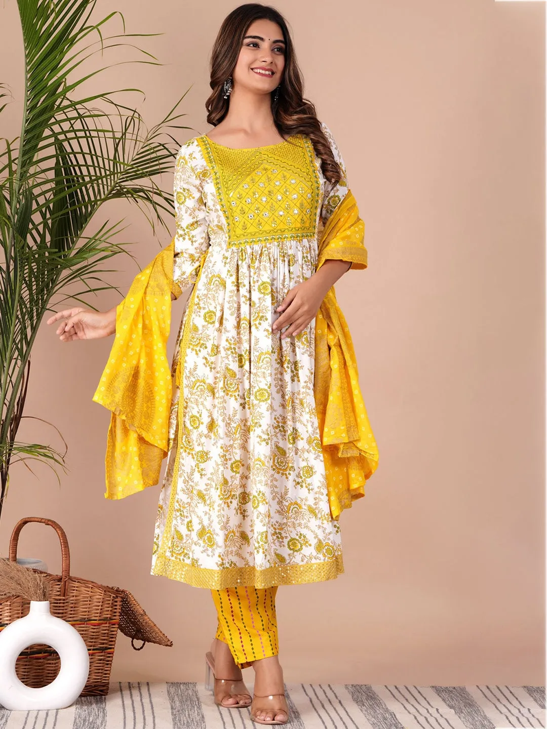 Ethnic Motif Printed Thread Work Pleated Straight Kurta With Trousers & Dupatta