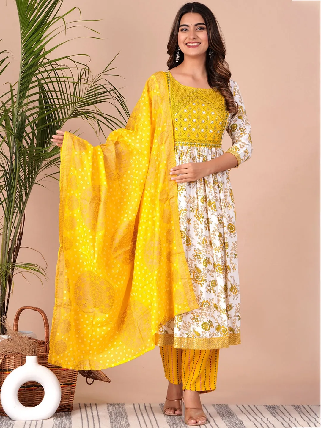 Ethnic Motif Printed Thread Work Pleated Straight Kurta With Trousers & Dupatta