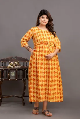 Fab Yellow Printed Maternity Dress For Women