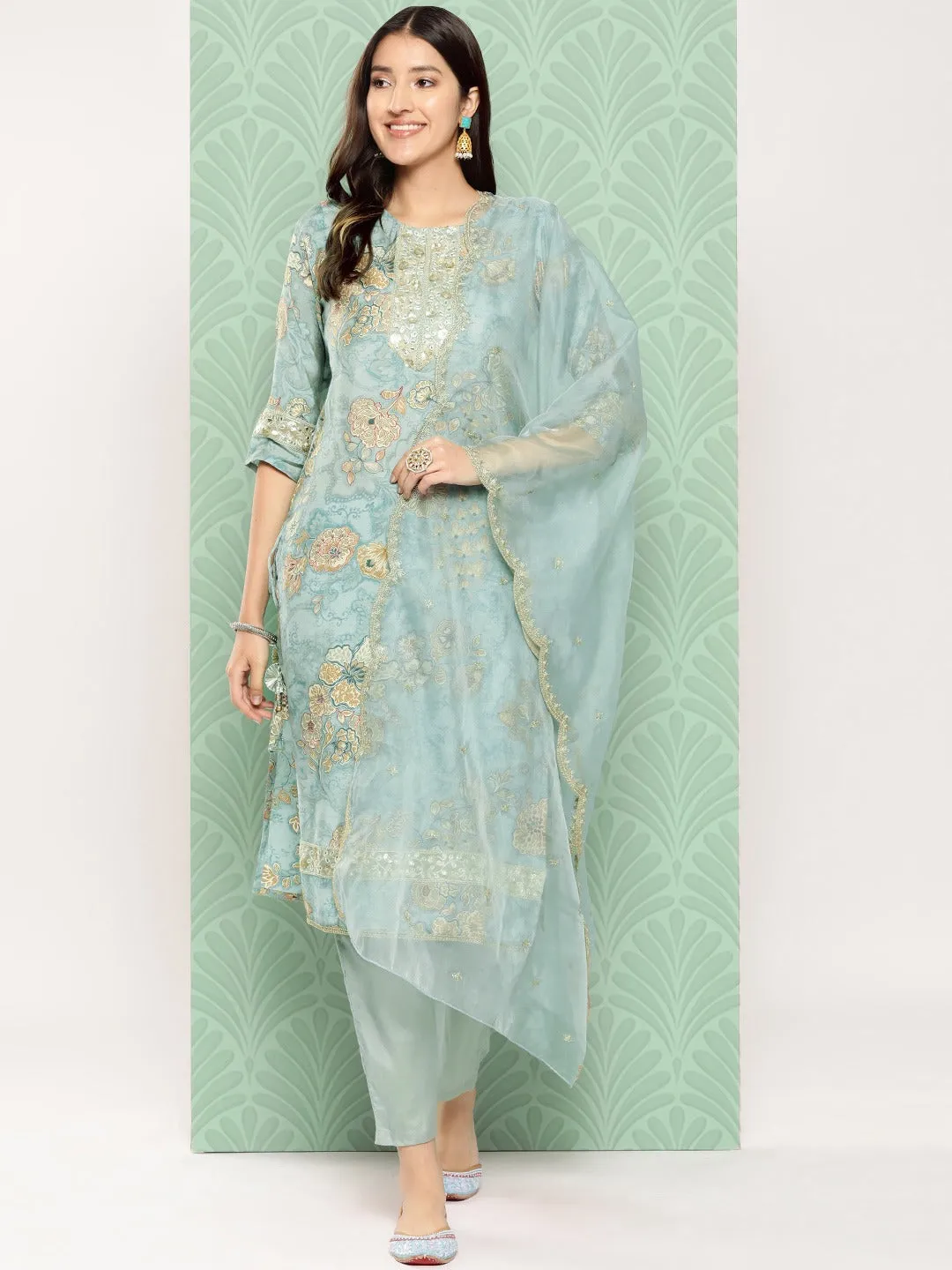 Floral Printed Regular Chanderi Silk Kurta With Trousers & Dupatta