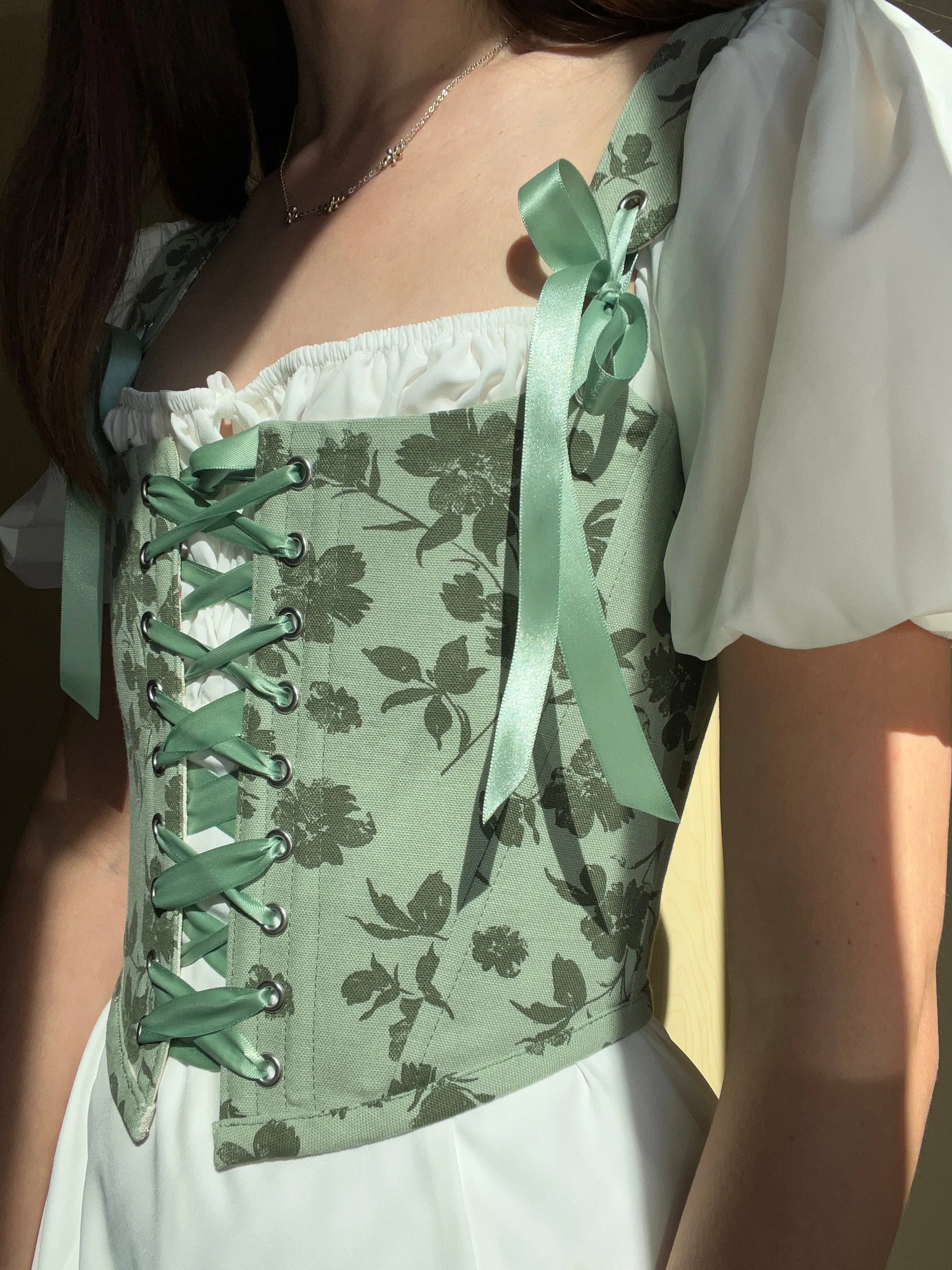 Floral sage green corset, reversible, removable shoulder strap, size S