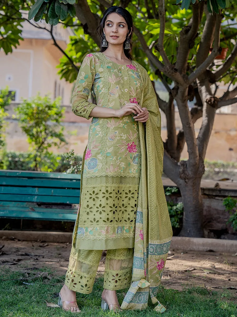 Green Floral Print,Less Kurta Cotton Kurta Dupatta Set