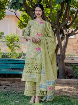 Green Floral Print,Less Kurta Cotton Kurta Dupatta Set