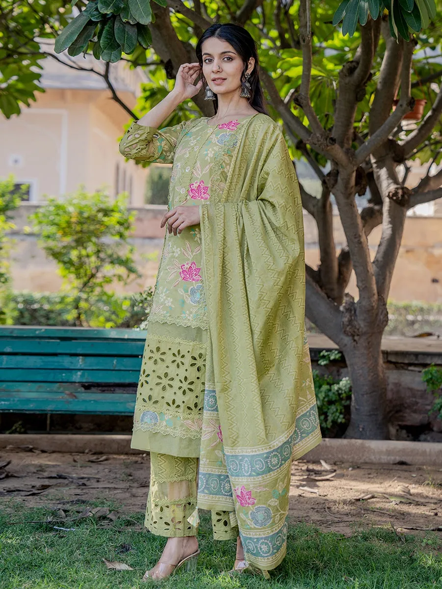 Green Floral Print,Less Kurta Cotton Kurta Dupatta Set