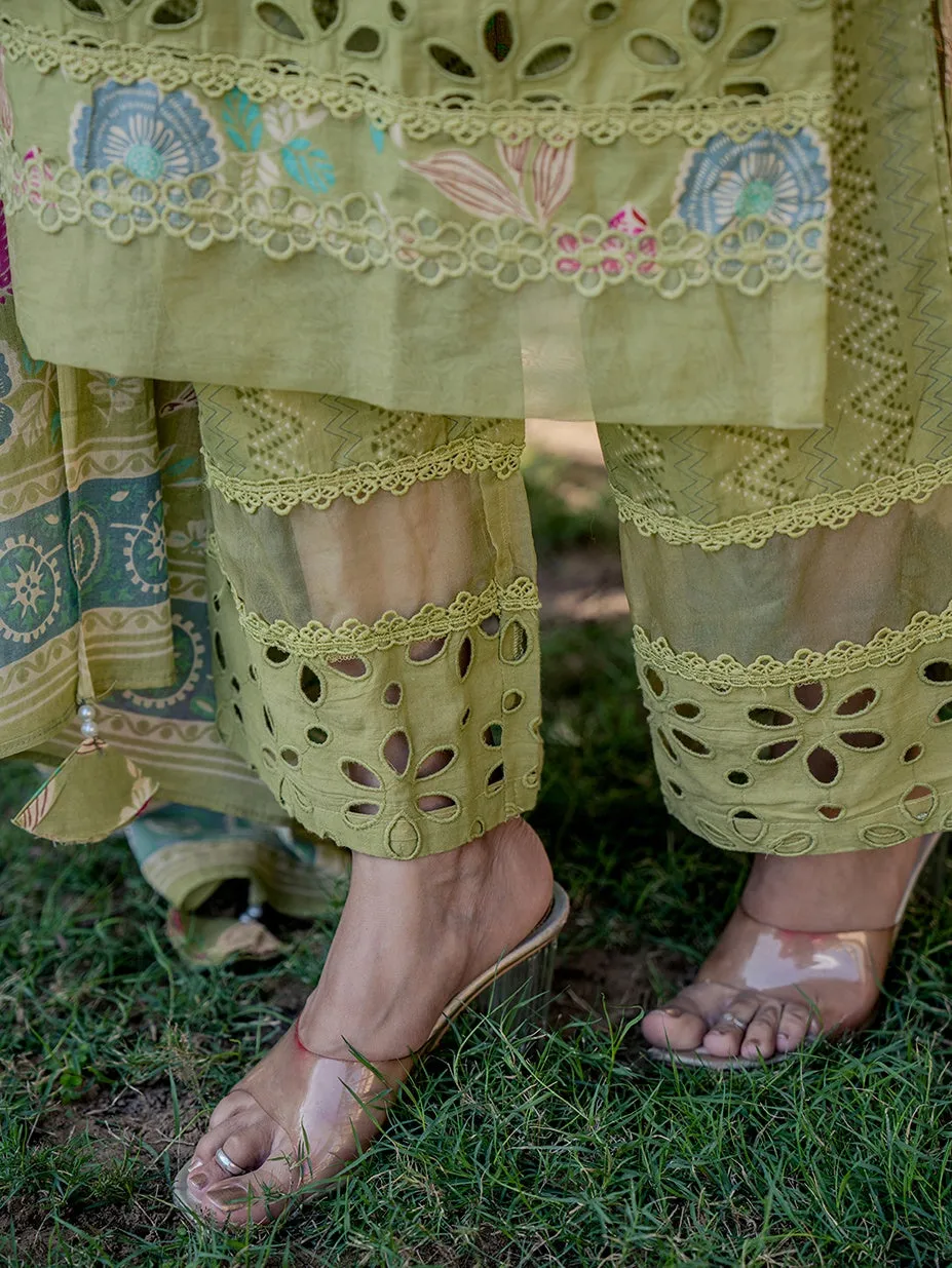 Green Floral Print,Less Kurta Cotton Kurta Dupatta Set