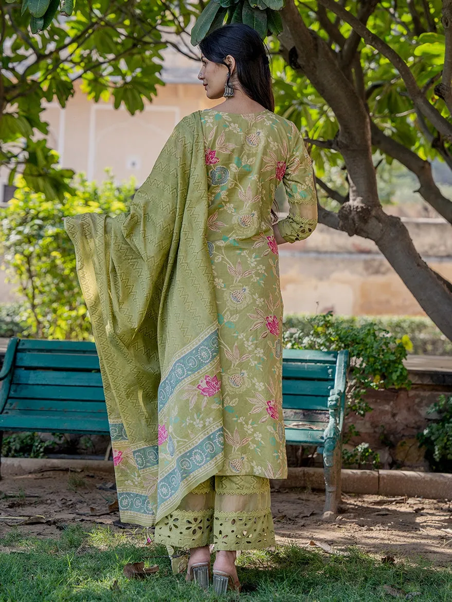 Green Floral Print,Less Kurta Cotton Kurta Dupatta Set