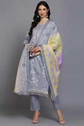 Grey Cotton Blend Floral Straight Suit Set