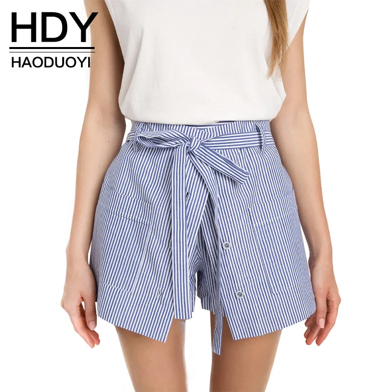 HDY Haoduoyi 2017 Summer Stripe Shorts Women Loose Casual Short Slim High Waist Button Culotte Lacing Bottom Cotton Skirt Shorts