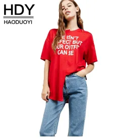 HDY Haoduoyi Asymmetrical Basic Tops Women Short Sleeve Female Letter Print Pullover Tops Street Loose O-neck Red Casual T-shirt