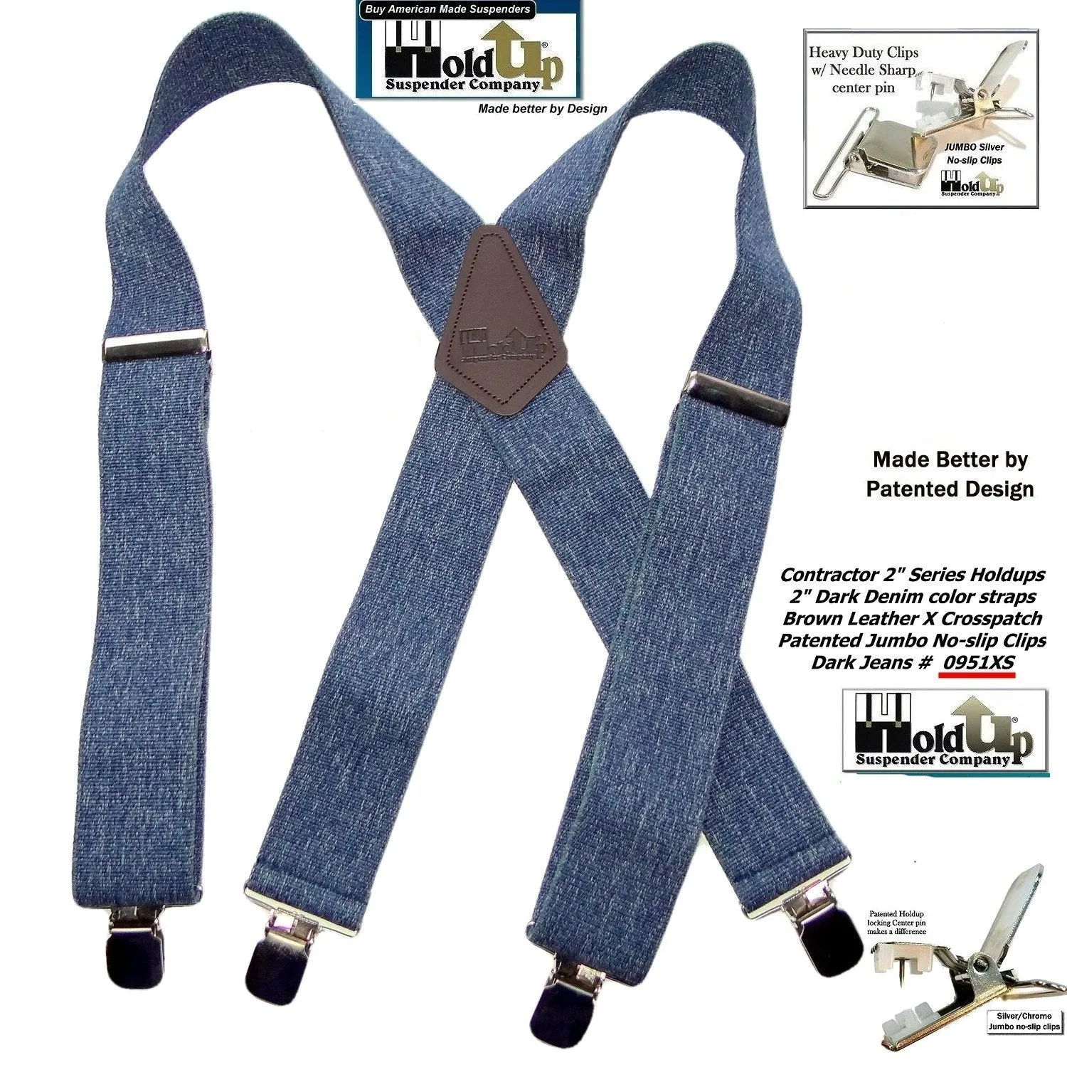 Holdup Brand Heavy Duty Dark Denim Work Suspenders with USA Patented Silver Tone no-slip clips