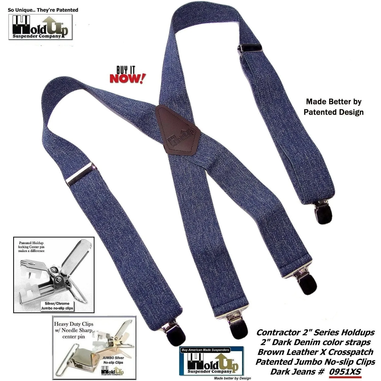 Holdup Brand Heavy Duty Dark Denim Work Suspenders with USA Patented Silver Tone no-slip clips