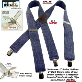 Holdup Brand Heavy Duty Dark Denim Work Suspenders with USA Patented Silver Tone no-slip clips