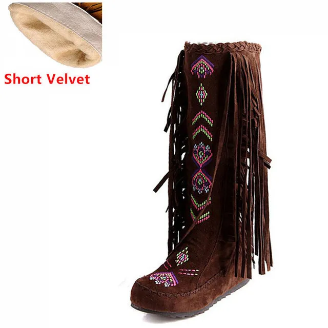 KemeKiss Fashion Chinese Nation Style Flock Leather Women Fringe Flat Heels Long Boots Woman Tassel Knee High Boots Size 34-43