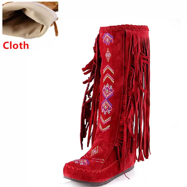 KemeKiss Fashion Chinese Nation Style Flock Leather Women Fringe Flat Heels Long Boots Woman Tassel Knee High Boots Size 34-43