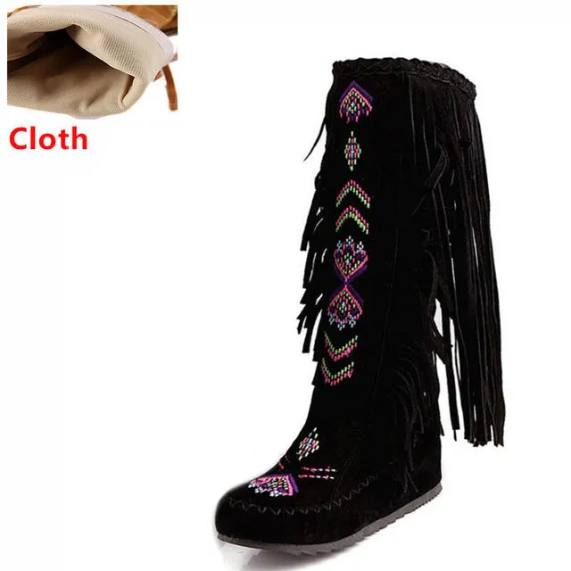 KemeKiss Fashion Chinese Nation Style Flock Leather Women Fringe Flat Heels Long Boots Woman Tassel Knee High Boots Size 34-43