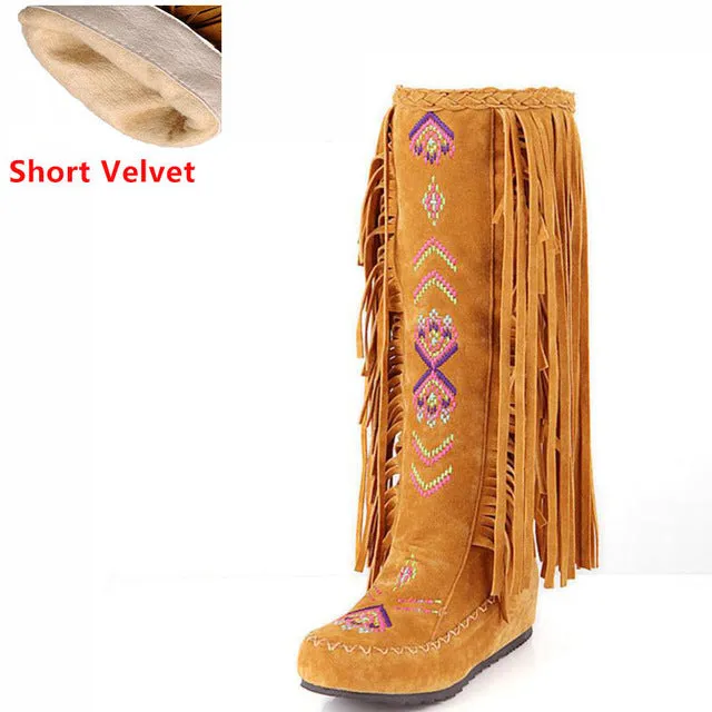 KemeKiss Fashion Chinese Nation Style Flock Leather Women Fringe Flat Heels Long Boots Woman Tassel Knee High Boots Size 34-43