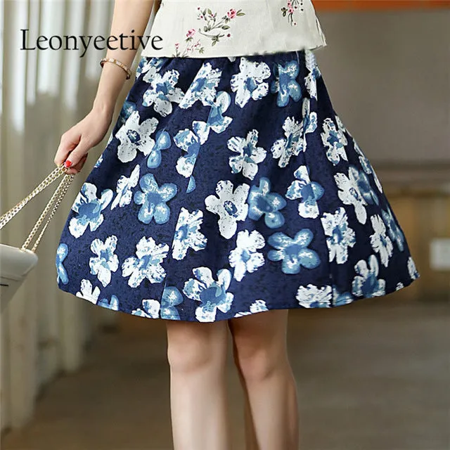 Leonyeetive 2017 Spring Summer Casual Floral Fashion linen Skirts Women Cotton Linen Embroidery Skirt