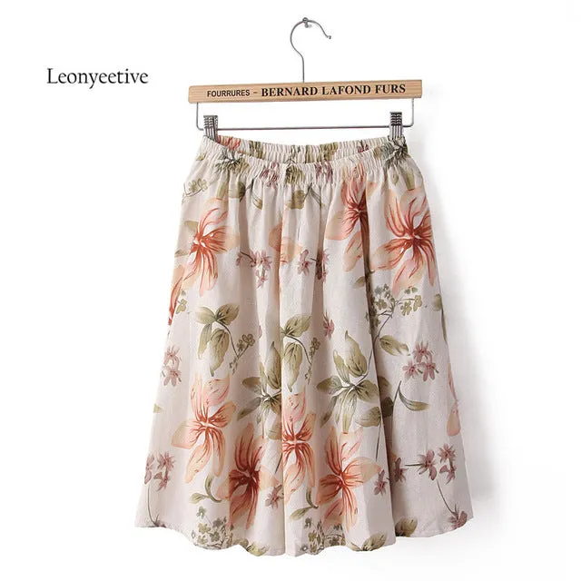 Leonyeetive 2017 Spring Summer Casual Floral Fashion linen Skirts Women Cotton Linen Embroidery Skirt