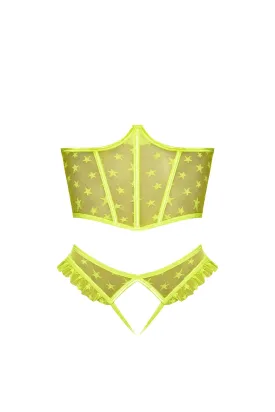 Magic Silk Love Star Cupless Bustier & Open Crotch Panty Set Neon Lime Green