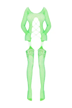 Magic Silk Seamless Fishnet Gartered Catsuit Lime One Size