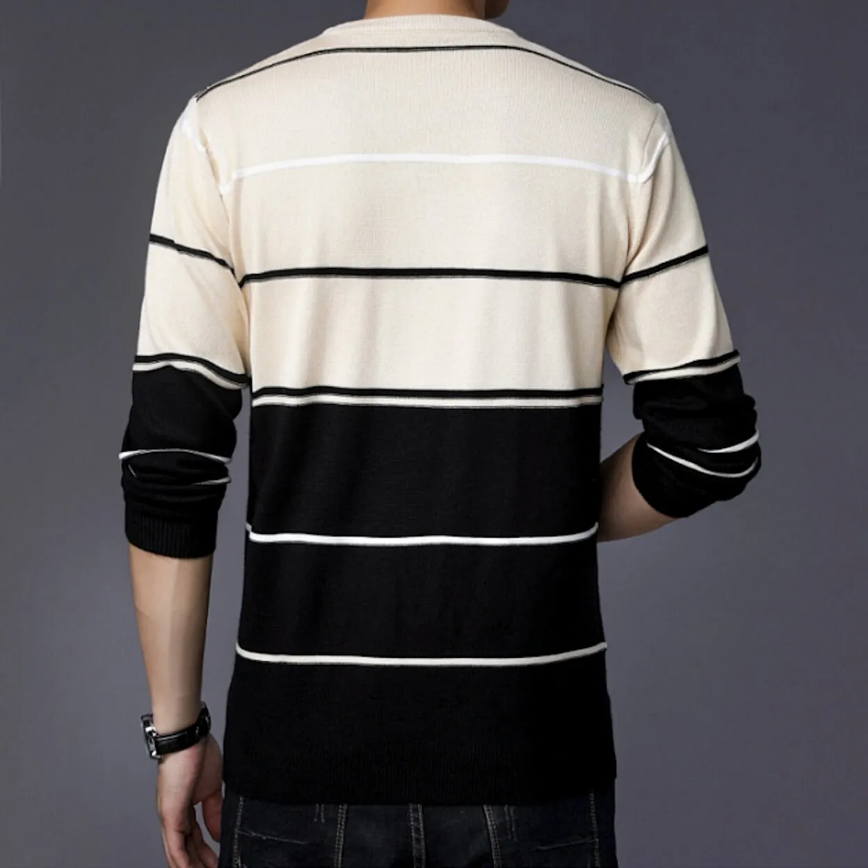 Mens Round Neck Tow Tone Striped Sweater