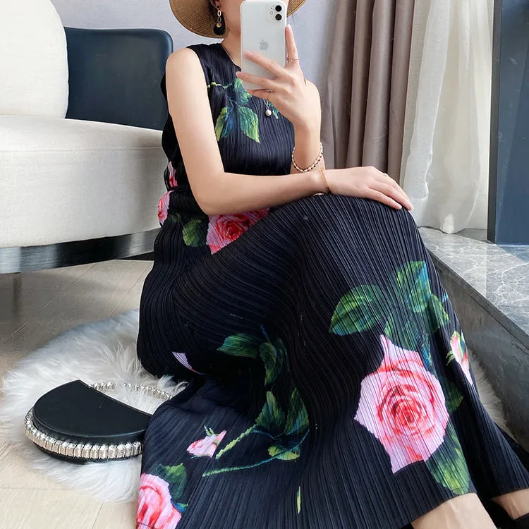 Miyake Pleated Rose Print Midi Dress