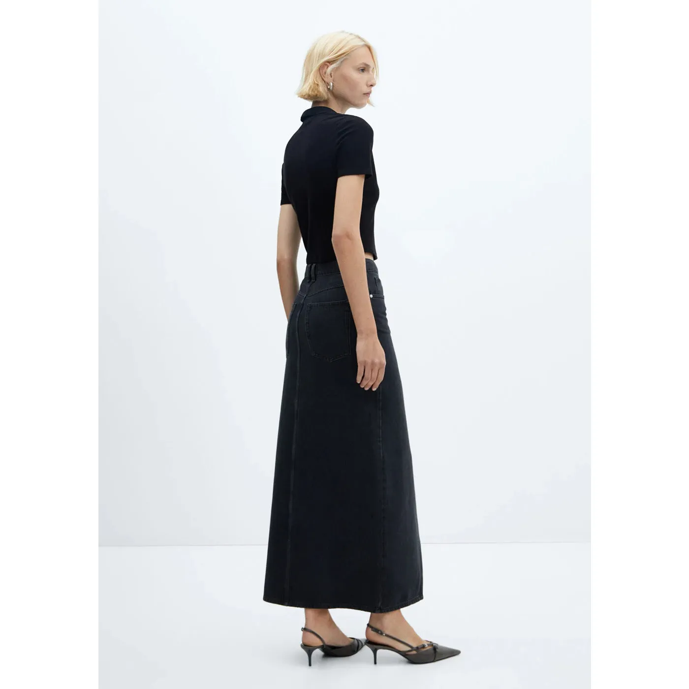 MNG Black Slit Denim Skirt